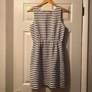 Navy and white striped, above the knee, dress.